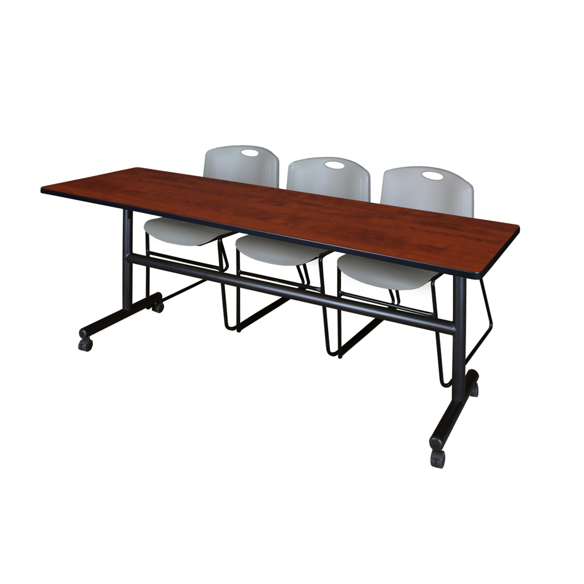 Regency Kobe Flip-Top Training Nesting Table with 2 Zeng Stack Chairs — 84in. x 24in., Cherry/Maple, Grey, Model# MKFT8424CH44GY